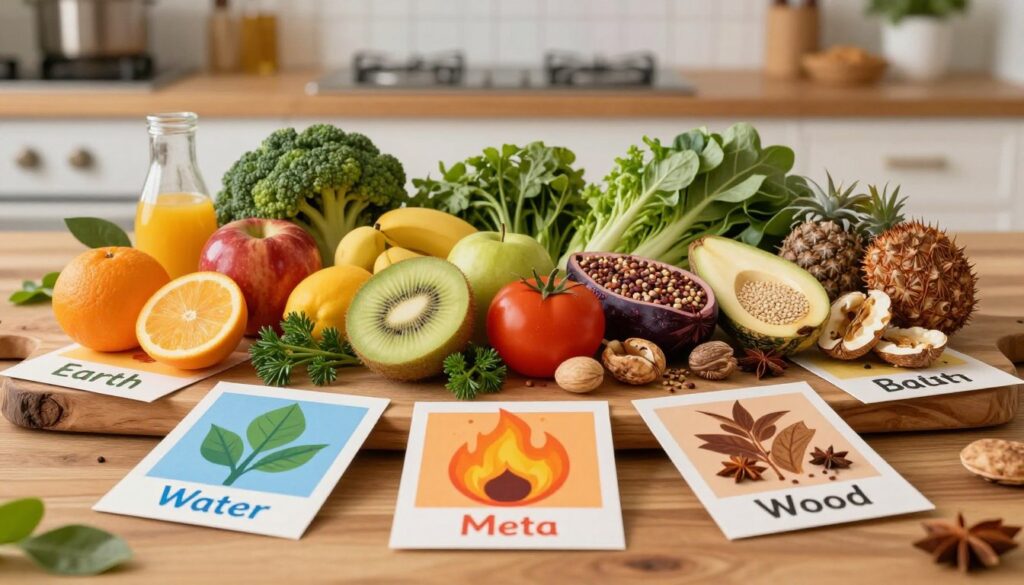 Five Elements food notes beside colorful power foods Five Elements food notes beside colorful power foods
