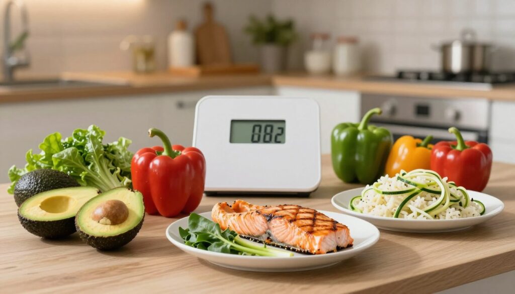 Keto meals show low-carb foods beside carbohydrate targets