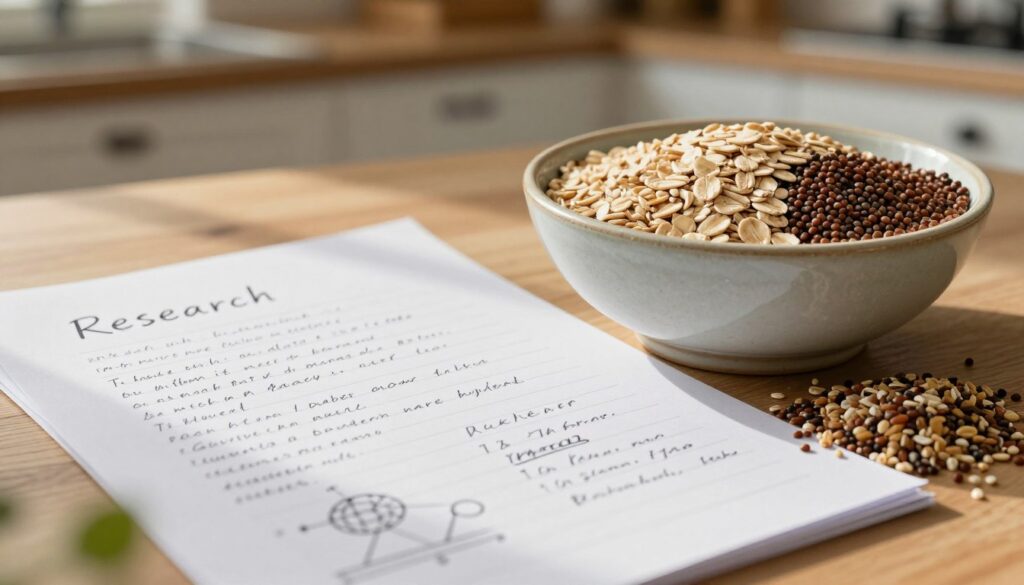Research notes on nutrition beside a bowl of whole grains Research notes on nutrition beside a bowl of whole grains