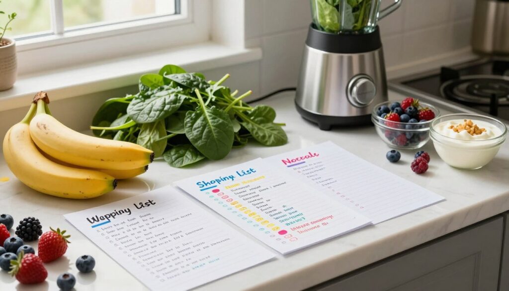 Smoothie recipes and weekly shopping lists beside fresh ingredients