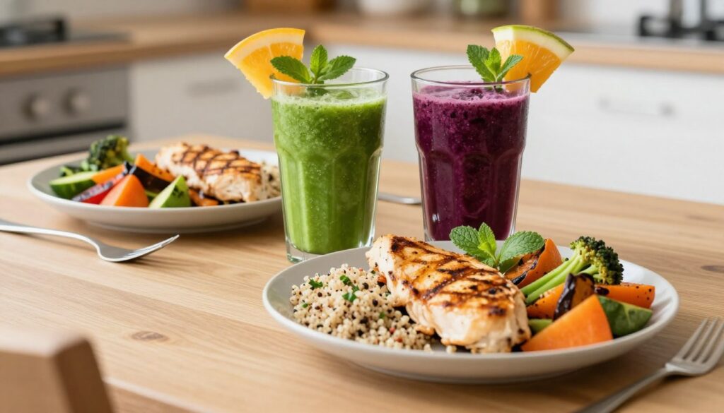 Two smoothies and a regular meal arranged for a daily plan